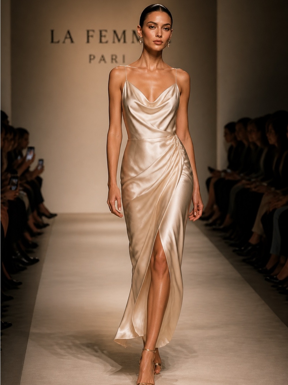 Birdy Grey Satin Cowl Midi Dress in Champagne